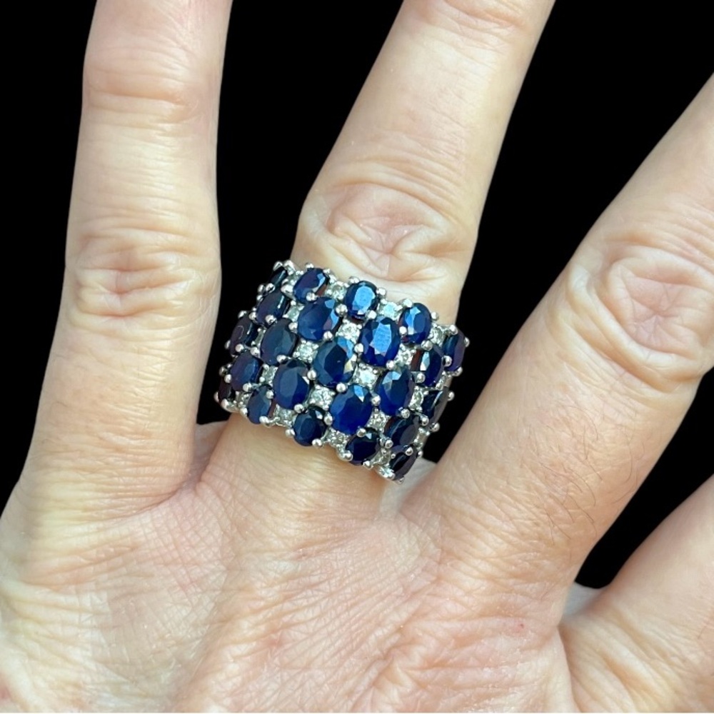 Effy 14K White Gold Blue Sapphire Diamond Wide Multi Row Band Ring Size 8
